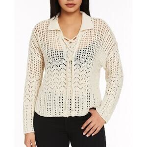 Like Love Cream Crochet Lace-Up Knit Sweater Medium